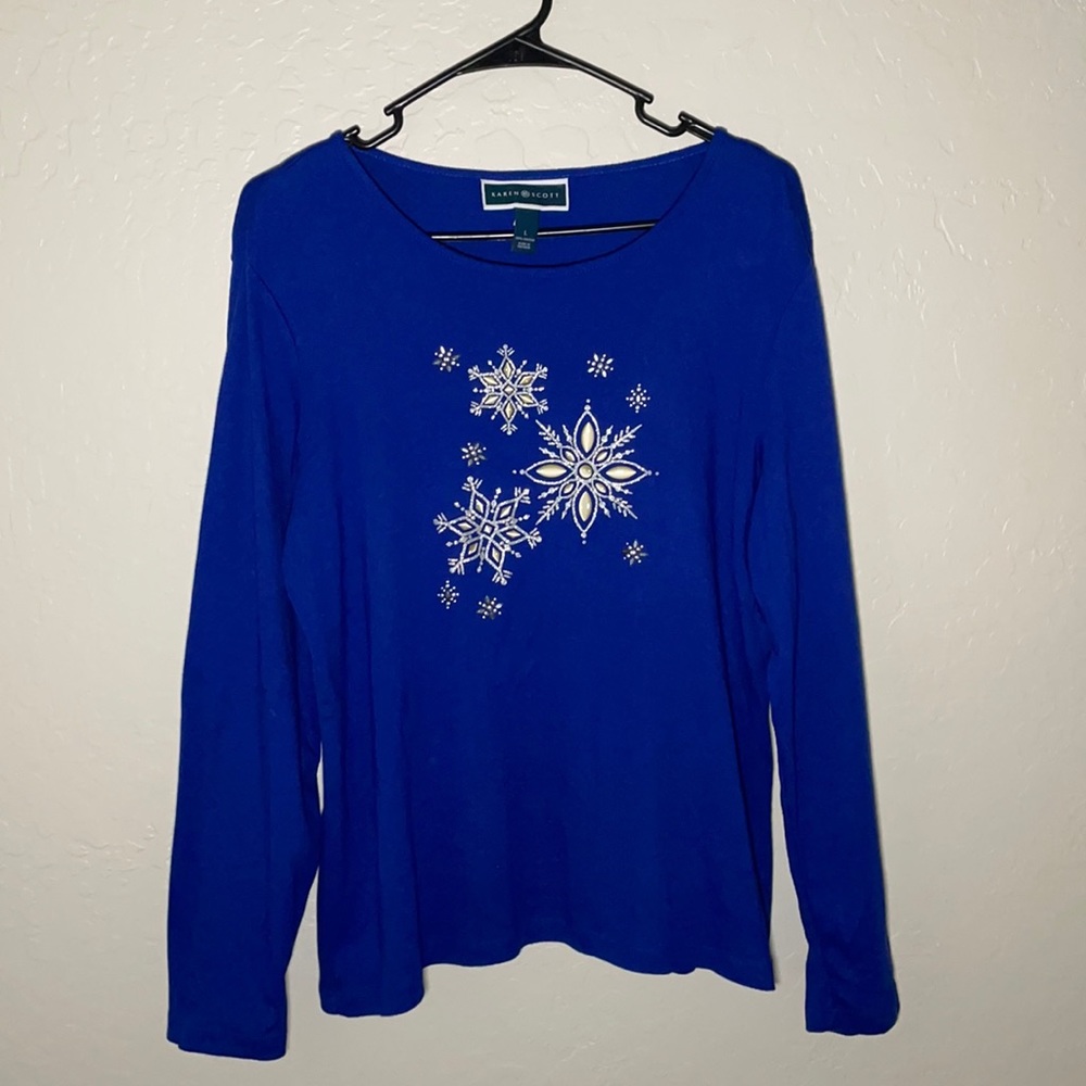 Karen Scott Women's Holiday Snowflake Blue Long Sleeve Shirt Size Large